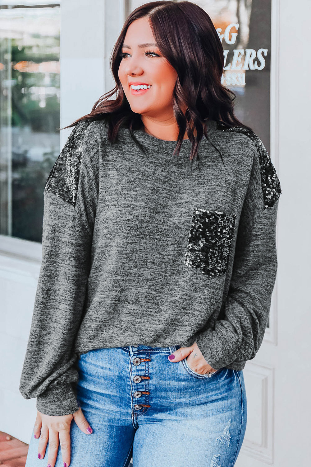 Sequin Patchwork Long Sleeve Plus Size Top