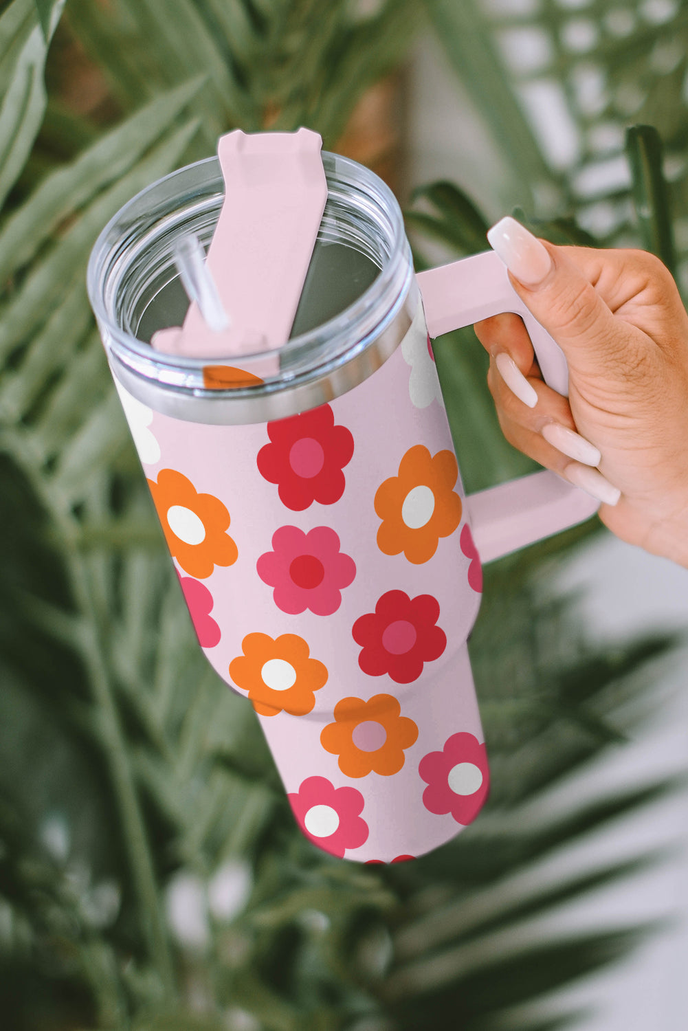 Flower Print Handled Stainless Steel Vacuum Cup