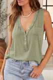 Ribbed Knit Buttoned Henley V Neck Tank Top