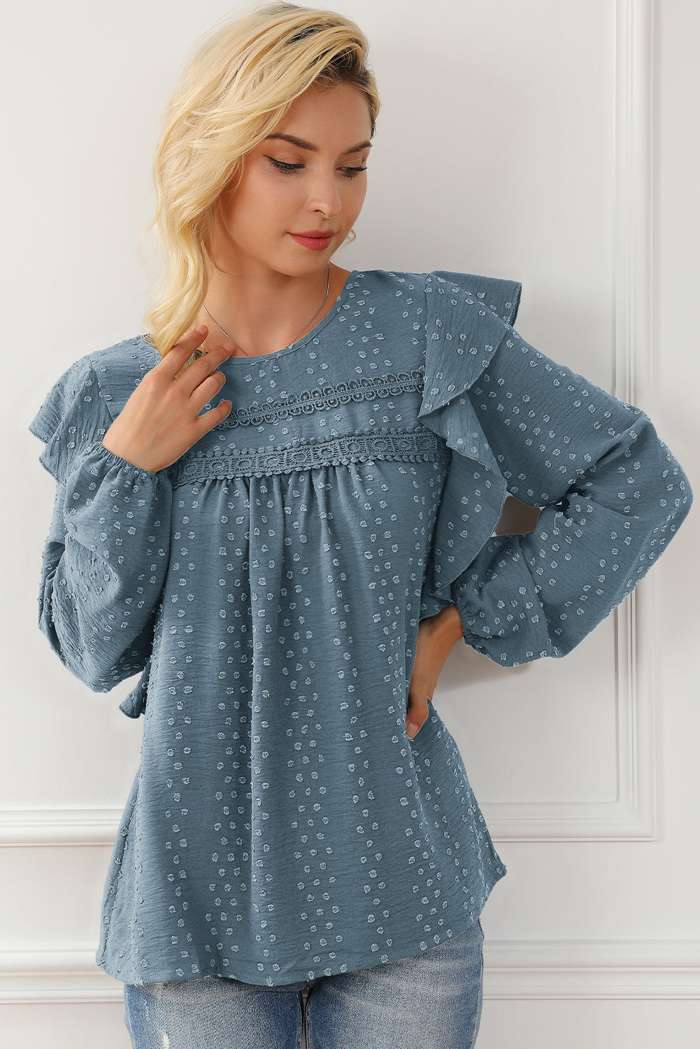 Blackish Green Lace Eyelet Ruffle Shoulder Long Sleeve Blouse