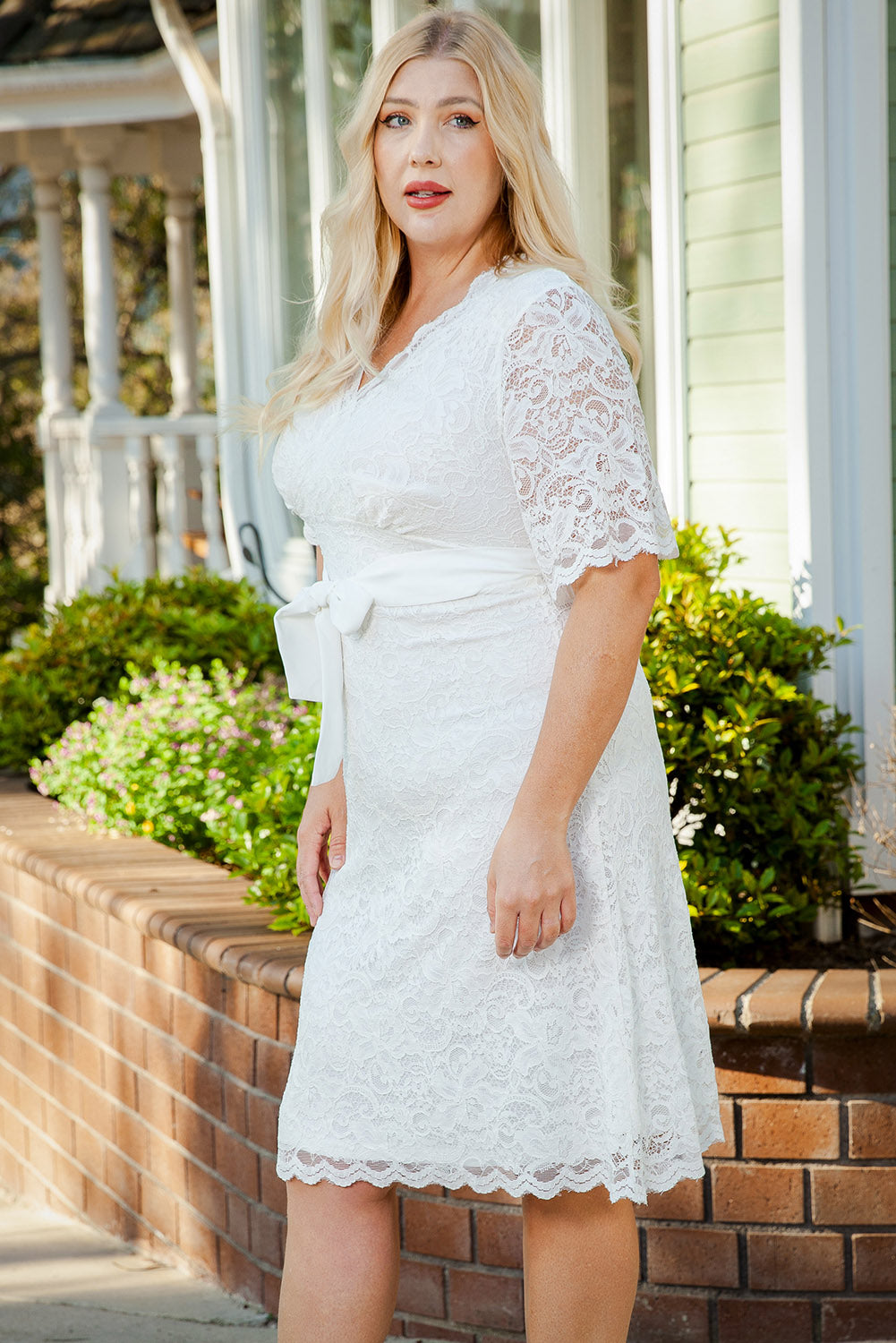 Scalloped Lace Wrap V Neck Plus Size Dress