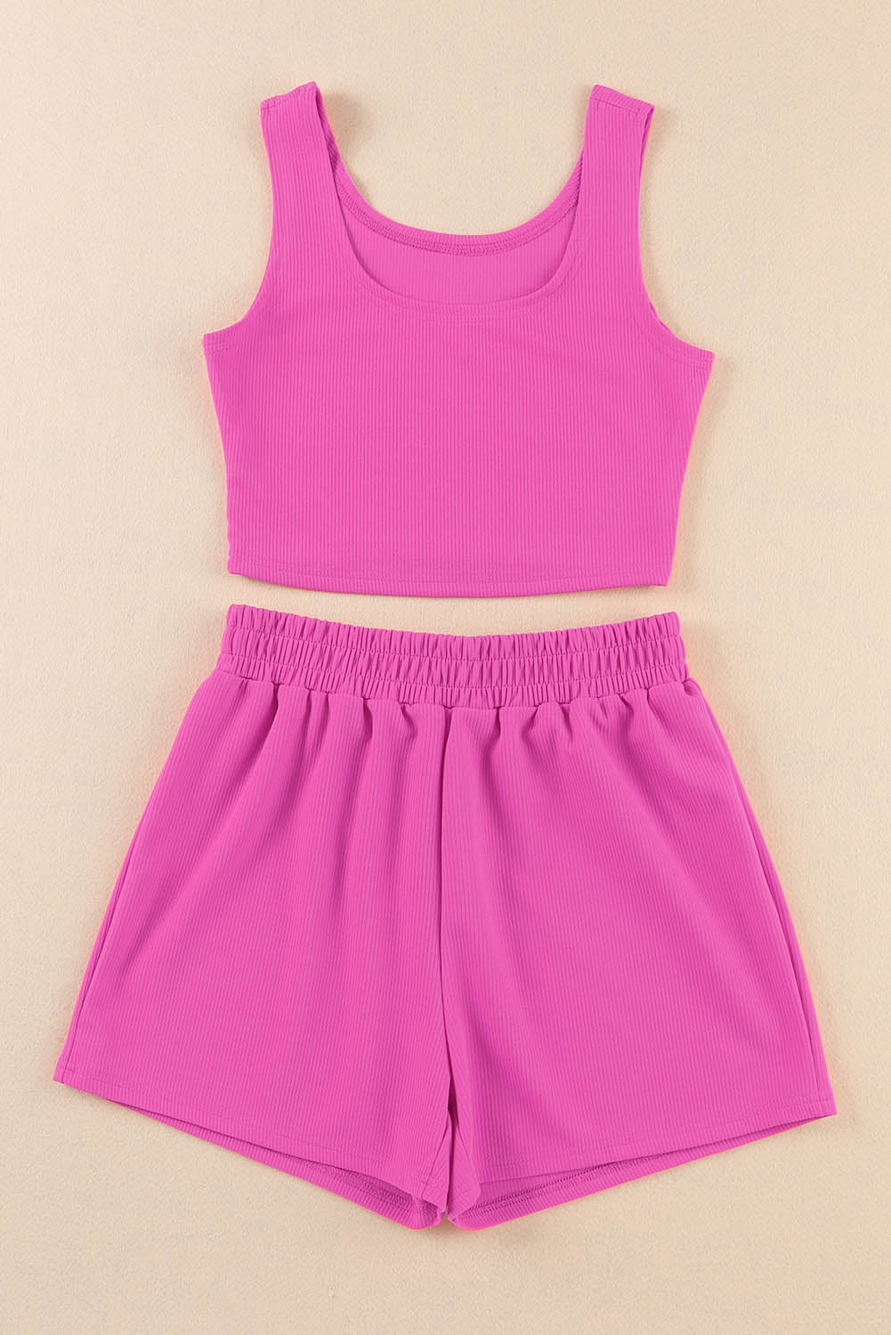 Rib Knitted Sleeveless Crop Top and Elastic Waist Shorts Set