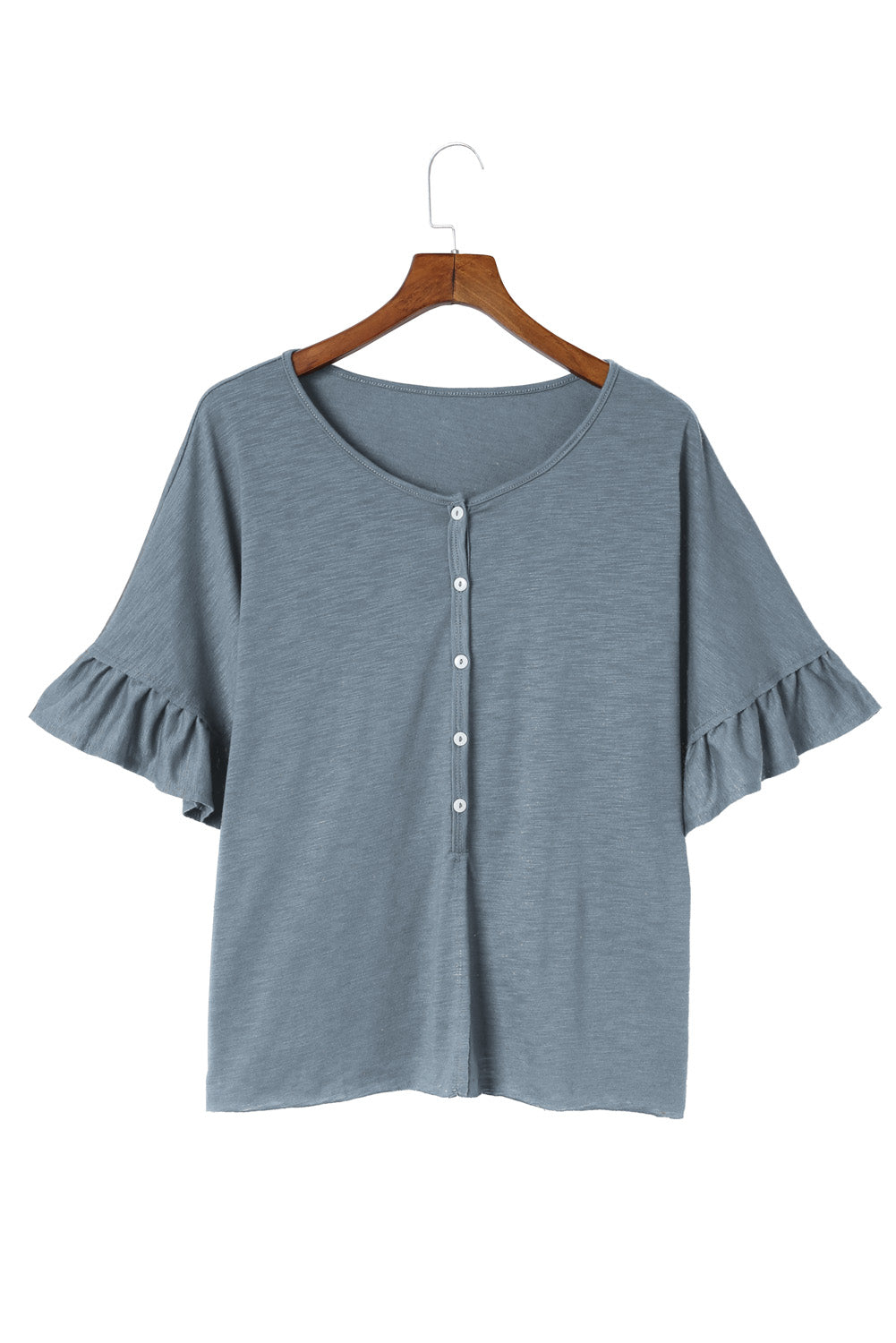 Ruffled Half Sleeve Buttoned Loose T Shirt