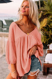 Textured V Neck Bracelet Sleeve Babydoll Blouse