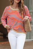 Brown Contrast Trimmed Striped Drop Shoulder Sweater