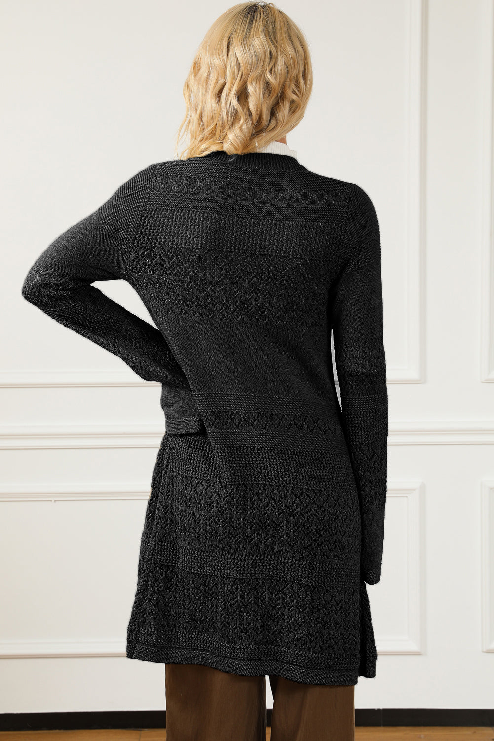 Black Pointelle Knit Open Front Cardigan