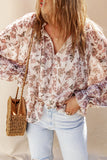 Boho Floral Print Split V Neck Bubble Sleeve Blouse