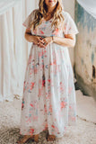 V Neck Short Sleeves Floral Print Maxi Dress