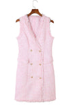 Robe gilet rose à double boutonnage en tweed à bords effilochés