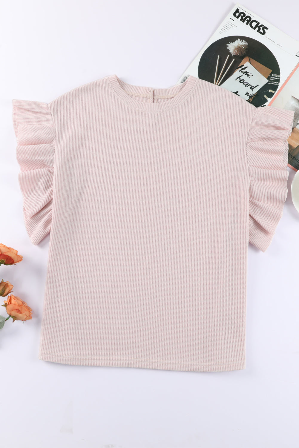 Ruffle Sleeve Waffle Knit Top