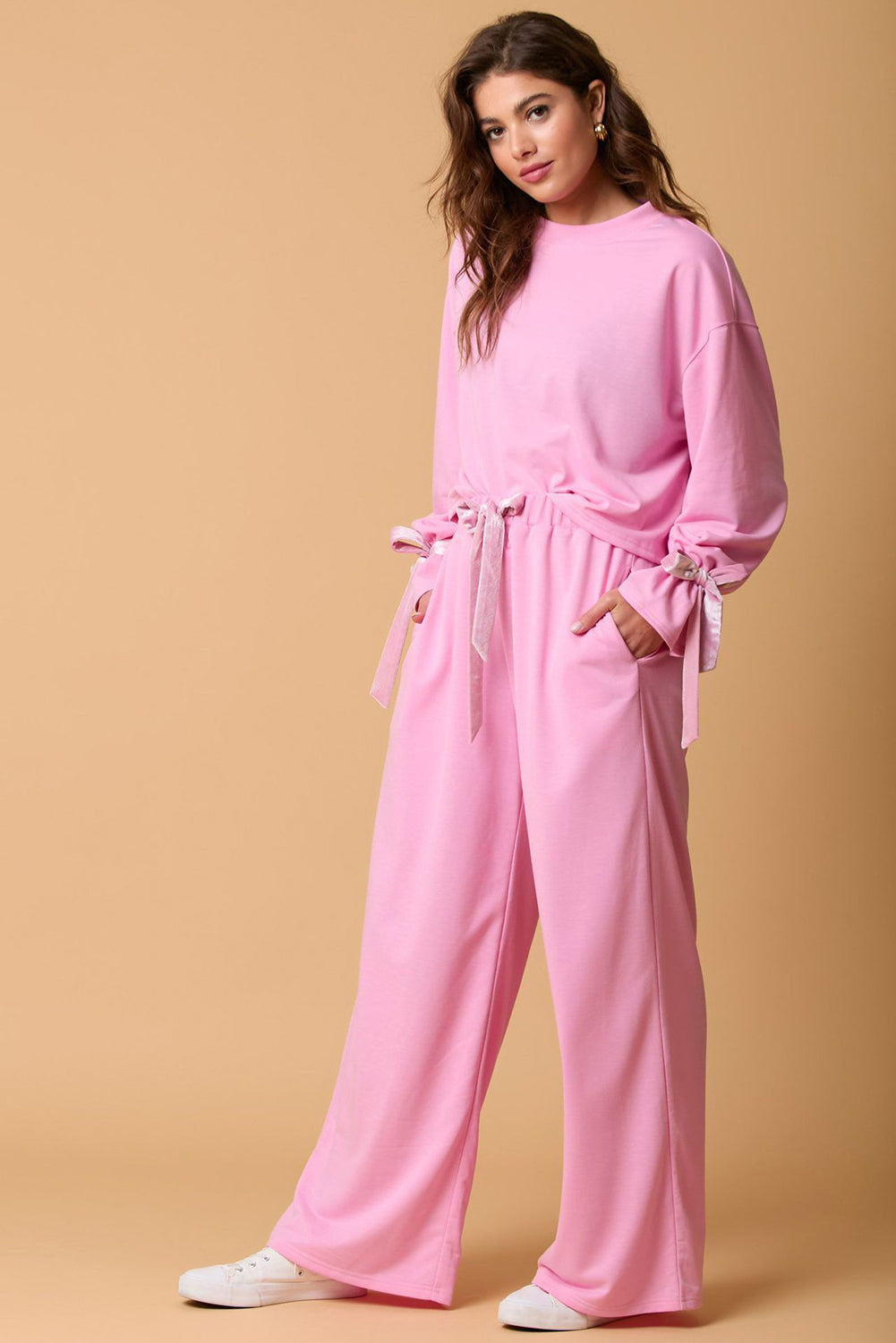 Bonbon Solid Color Drawstring Long Sleeve Top and Pants Set