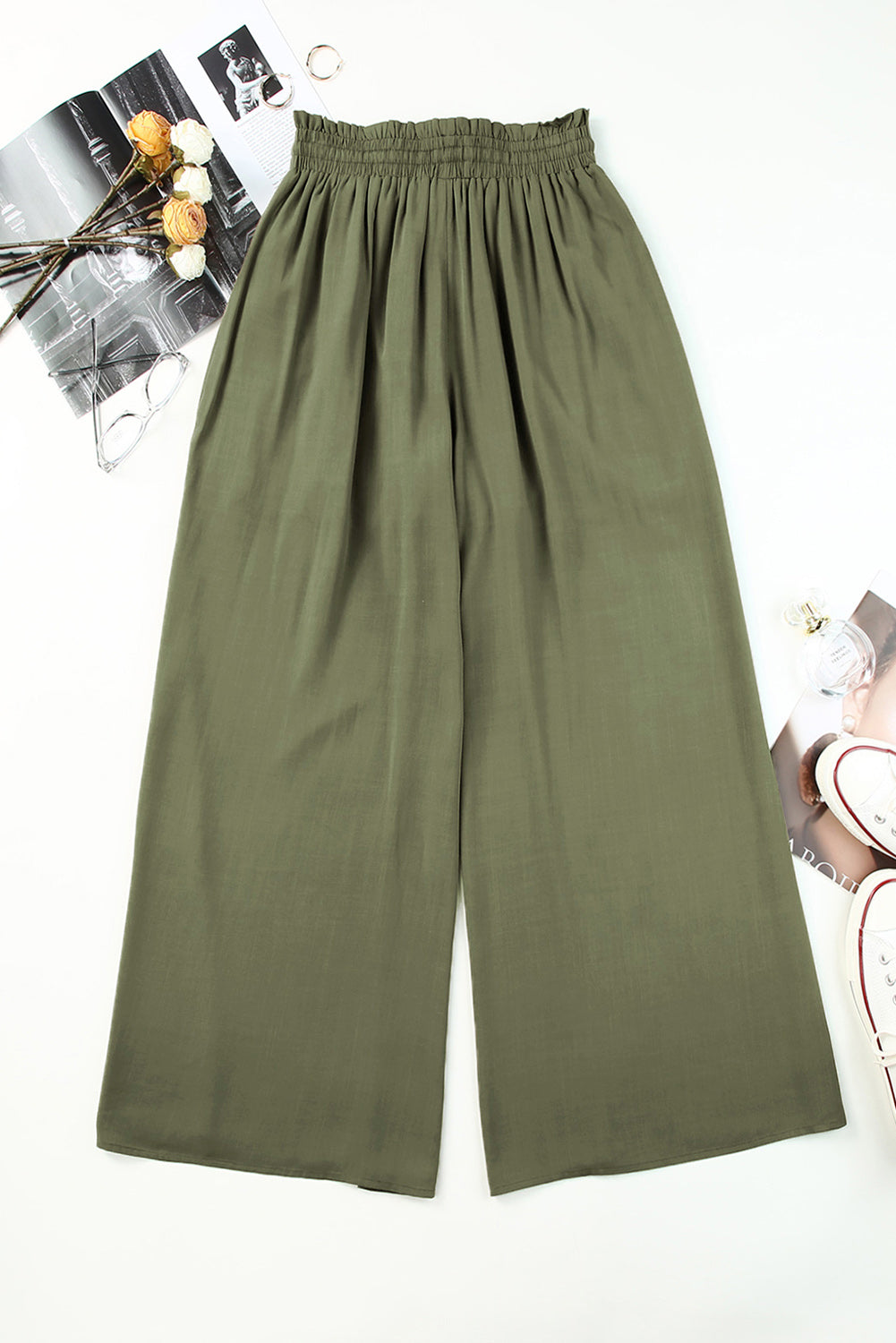 Gray Drawstring Smocked High Waist Wide Leg Pants