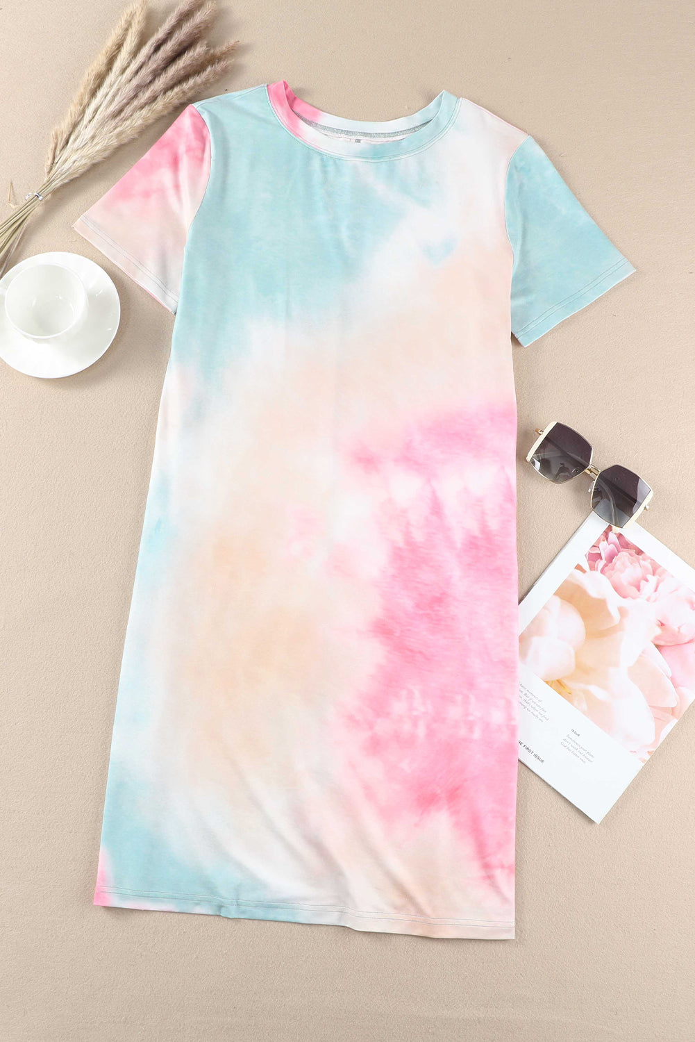 Robe t-shirt fendue surdimensionnée multicolore tie-dye