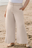 Beige Smocked High Waist Wide Leg Plus Size Pants