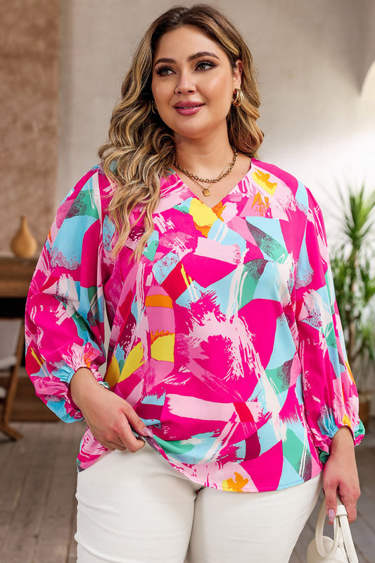 Plus Size Graffiti Print Split Neck Puff Sleeve Blouse