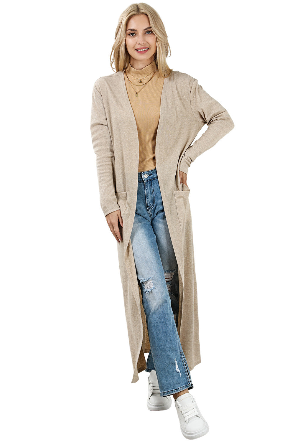 Open Front Pocketed Duster Cardigan with Slits