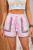 Boho Embroidered Floral Tasseled Drawstring Waist Casual Shorts