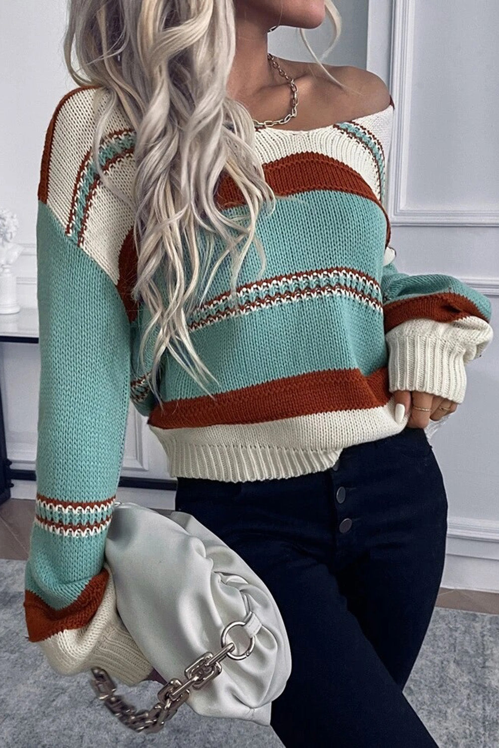 Striped Pattern Knit V Neck Sweater