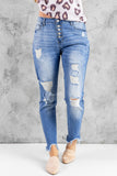 High Rise Button Front Frayed Ankle Skinny Jeans