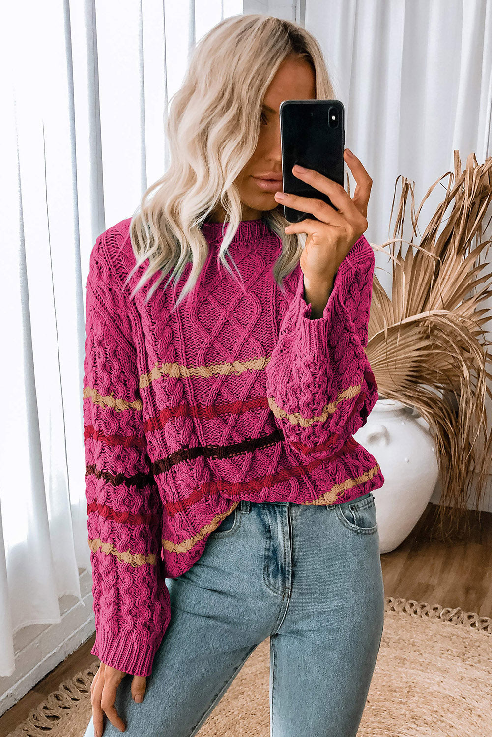 Striped Color Block Textured Knit Pullover Sweater