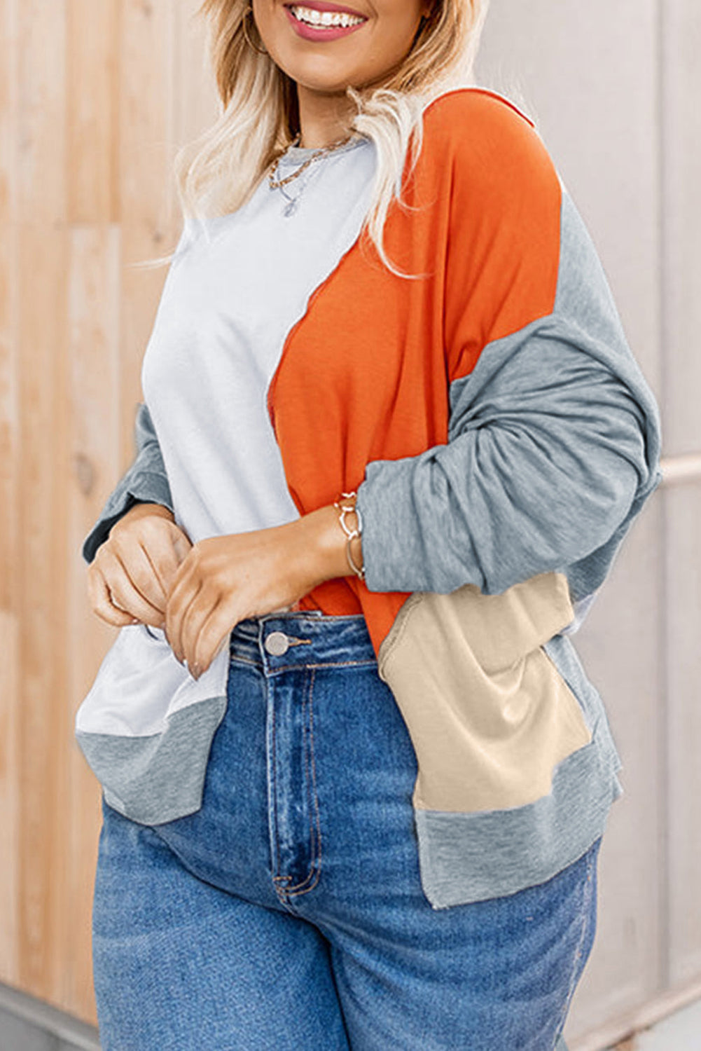 Colorblock Stitching Irregular Hem Long Sleeve Top