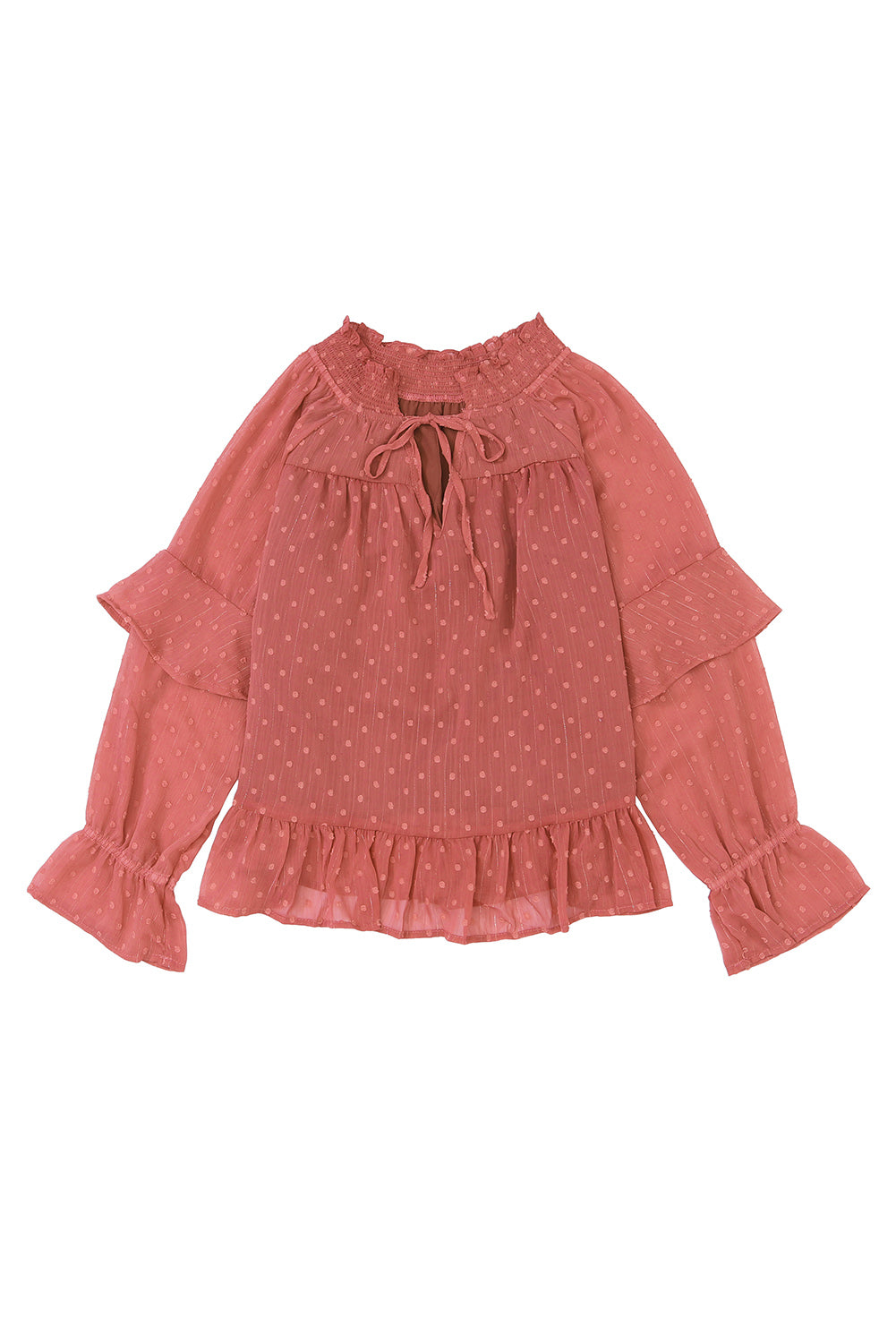 Swiss Dot Lace up V Neck Ruffled Blouse