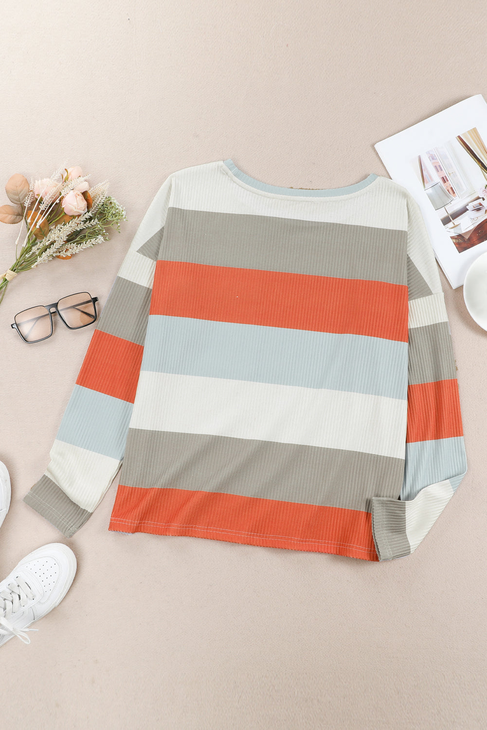 Striped Colorblock Ribbed Knit Top with Pocket