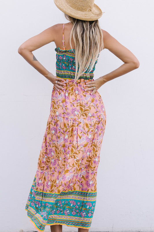 Floral Print Bodice Spaghetti Strap Maxi Dress