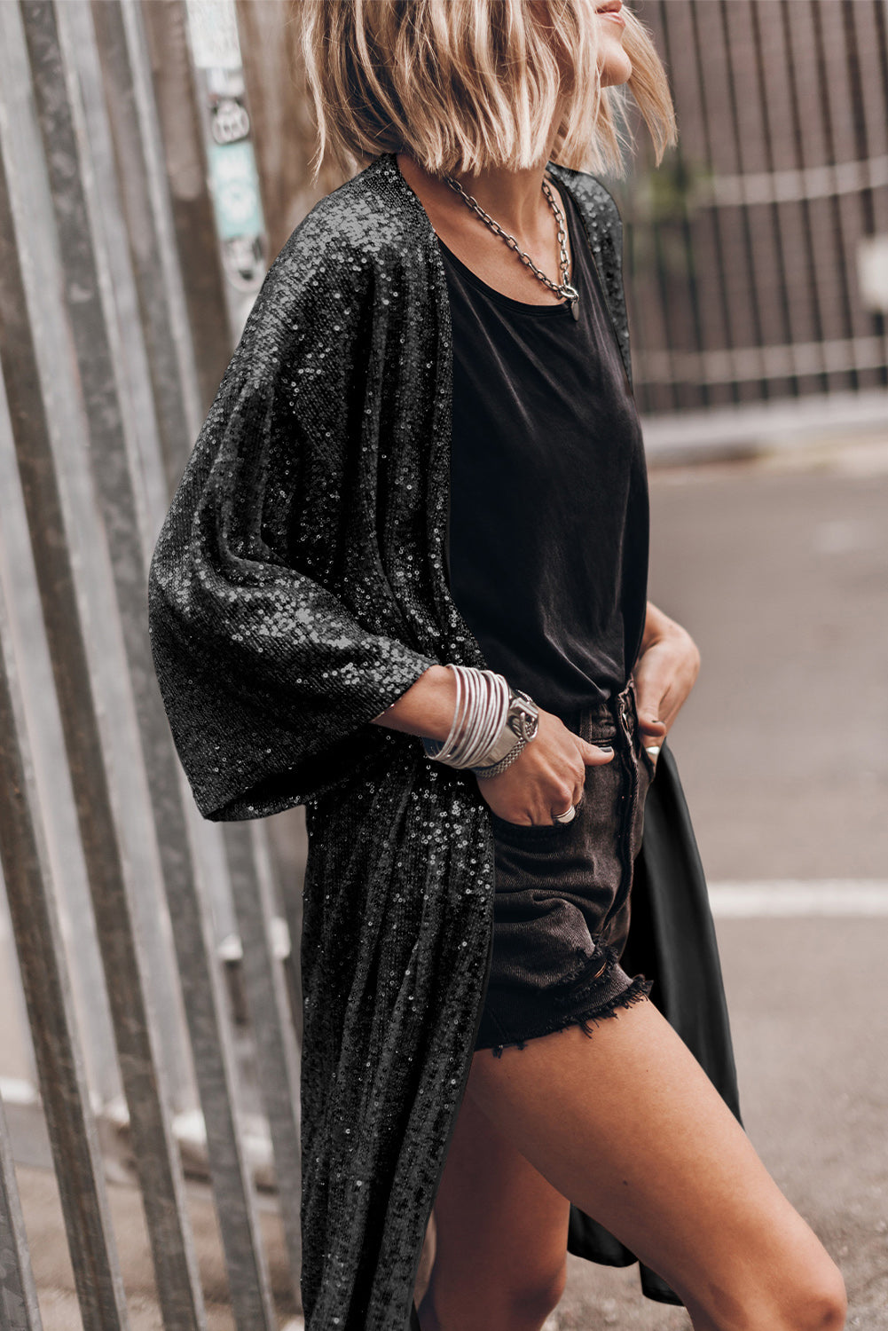 Sequin 3/4 Sleeve Open Front Duster Kimono