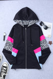 Black Leopard Color Block Pockets Zip-up Hooded Jacket