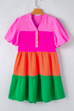 Multicolor Crinkle Bubble Sleeve Color Block Blouse