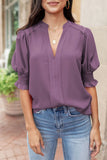 Solid Color Half Sleeve V Neck Blouse