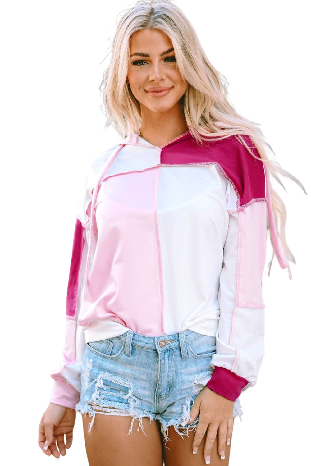 Colorblock Exposed Seam Loose Sleeve Hoodie