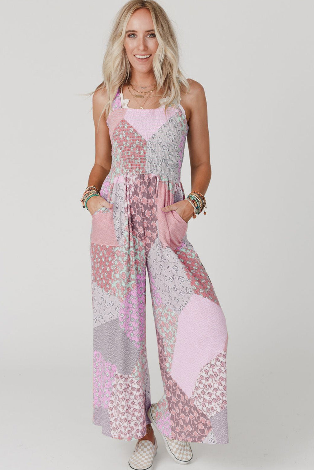 Irregular Patchwork Print Smocked Wide Leg Jumpsuit