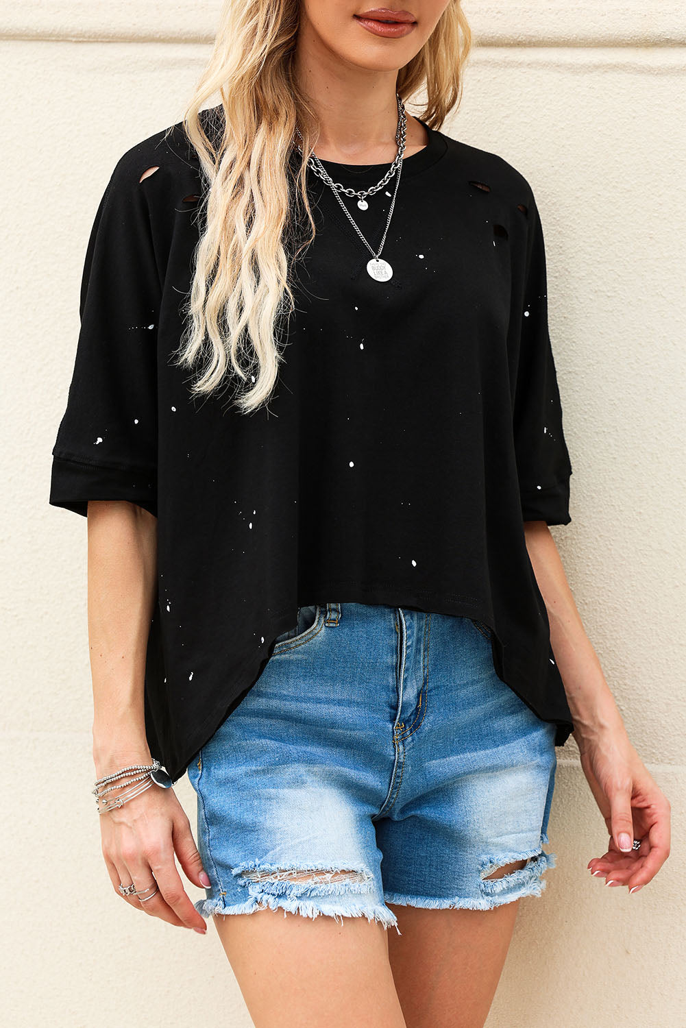 Distressed Bleached Asymmetric Hem Short Sleeve Top