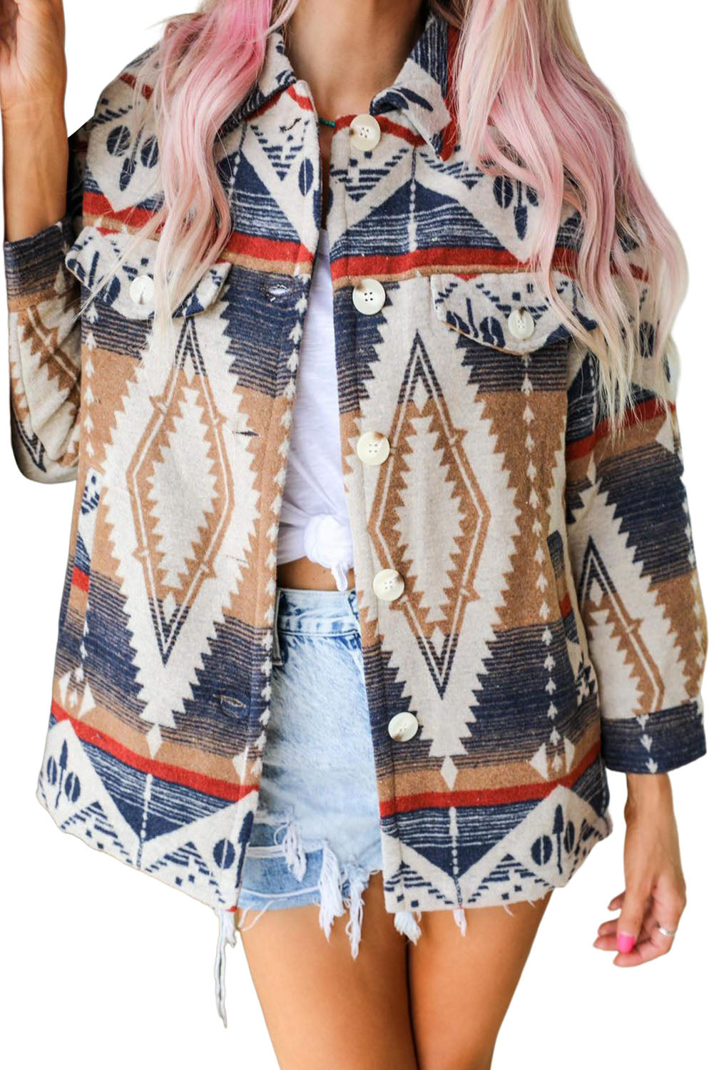 Aztec Print Button-Up Oversized Jacket