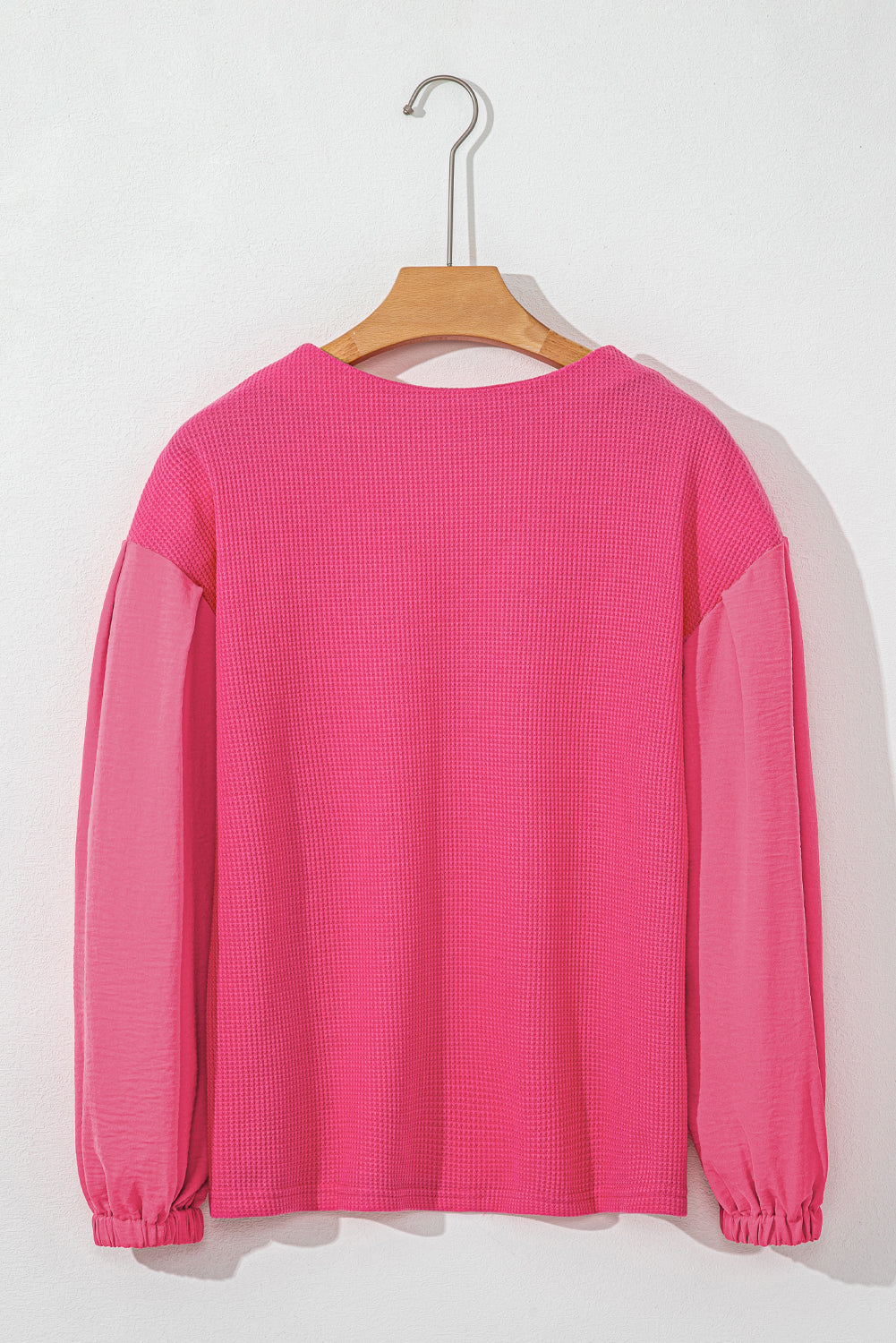 Rose Waffle Knit Balloon Sleeve Splicing V Neck Top