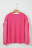 Rose Waffle Knit Balloon Sleeve Splicing V Neck Top