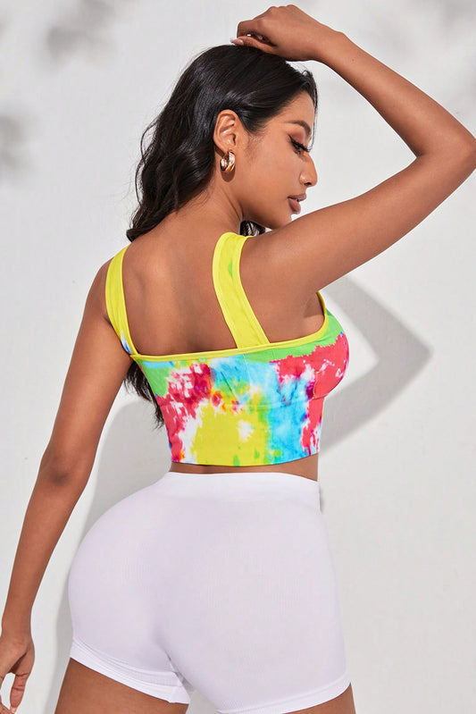 Tie Dye Print Square Neck Cropped Gym Top