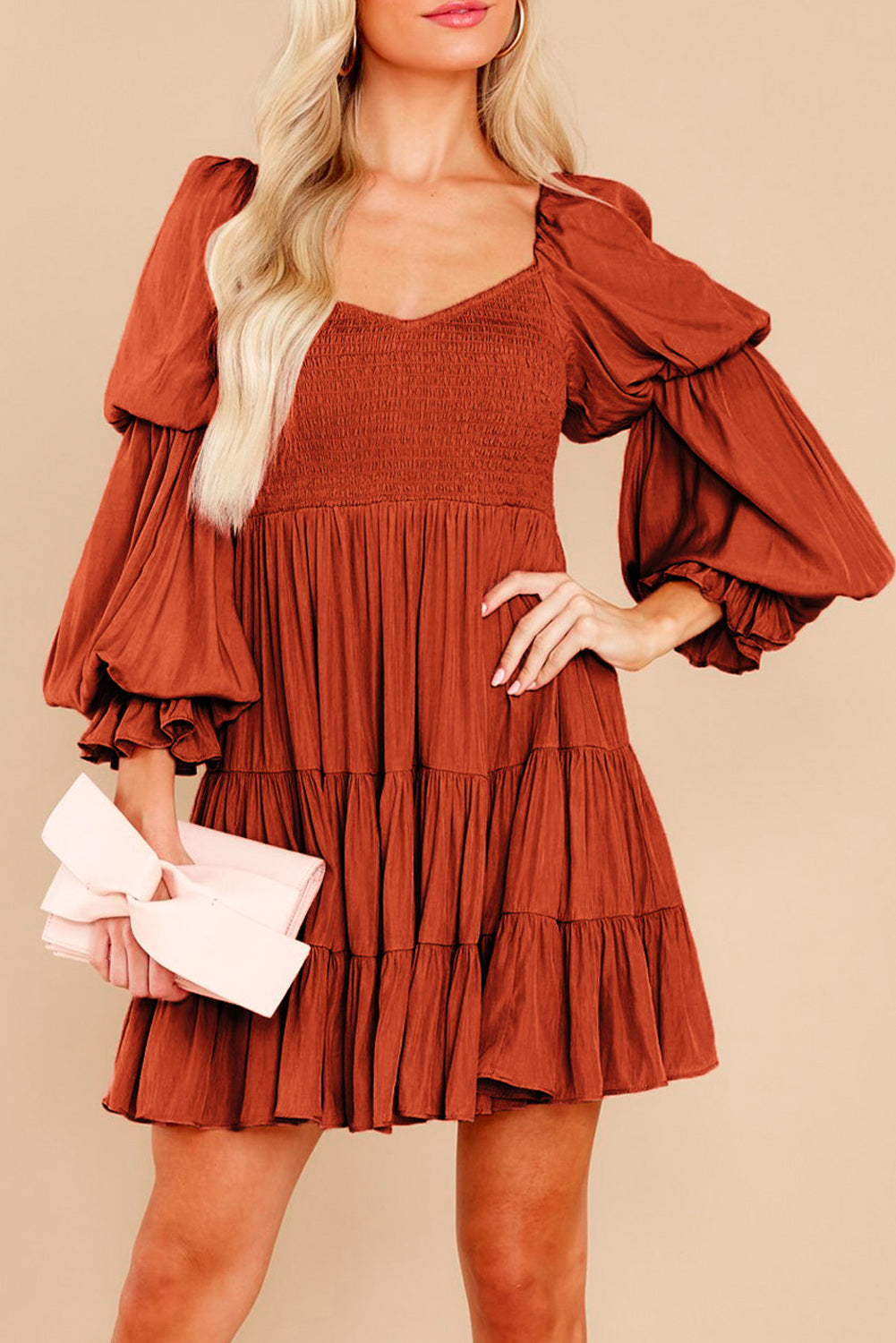 Boho Solid Shirred Ruffle Mini Dress