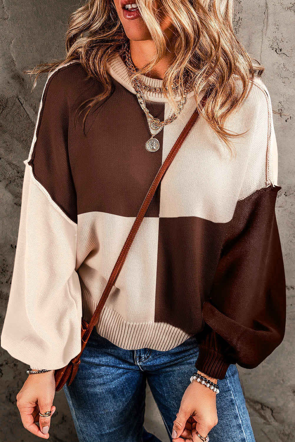 Coffee Colorblock Bishop Sleeve Ribbed Trim Sweater