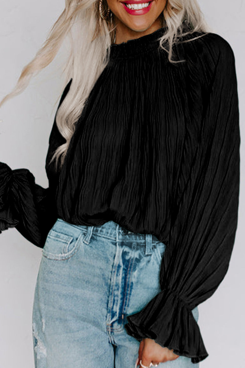 Striking Pleated Flared Cuff Long Sleeve Blouse