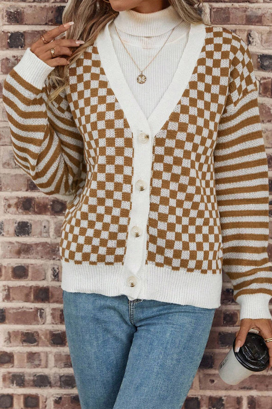 Brown Checkered Striped Patched Buttoned V Neck Cardigan