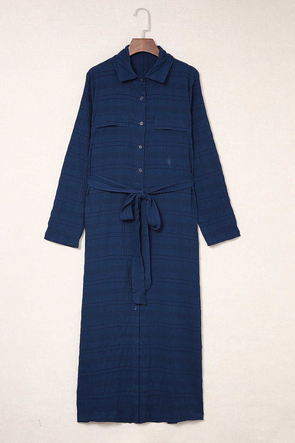 Crinkle Textured Long Sleeve Shirt Dress with Belt