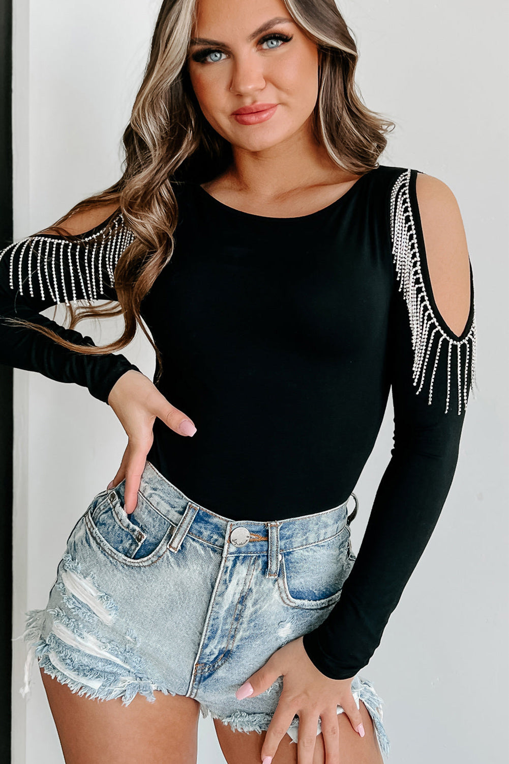 Rhinestone Fringed Cold Shoulder Long Sleeve Bodysuit