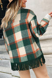 Black Plaid Snap Button Pocket Fringed Hem Jacket