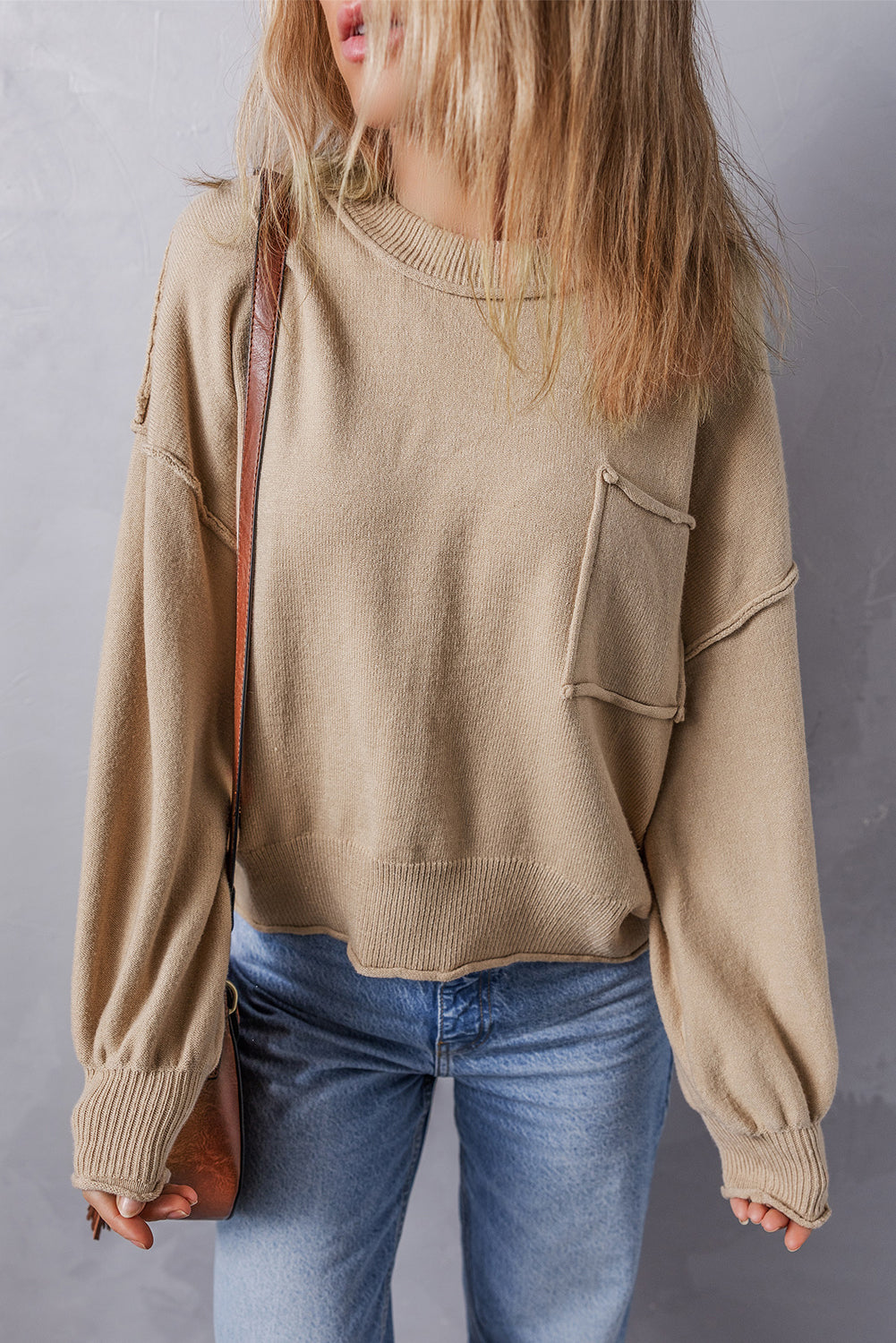 Apricot Raw Edge Patch Pocket Exposed Seam Loose Sweater