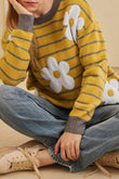 Yellow Stripe Daisy Floral Knitted Round Neck Sweater