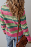 Gray Stripe Color Block Ribbed Edge Round Neck Sweater