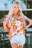 Multicolor Stand Collar Flutter Sleeves Floral Top